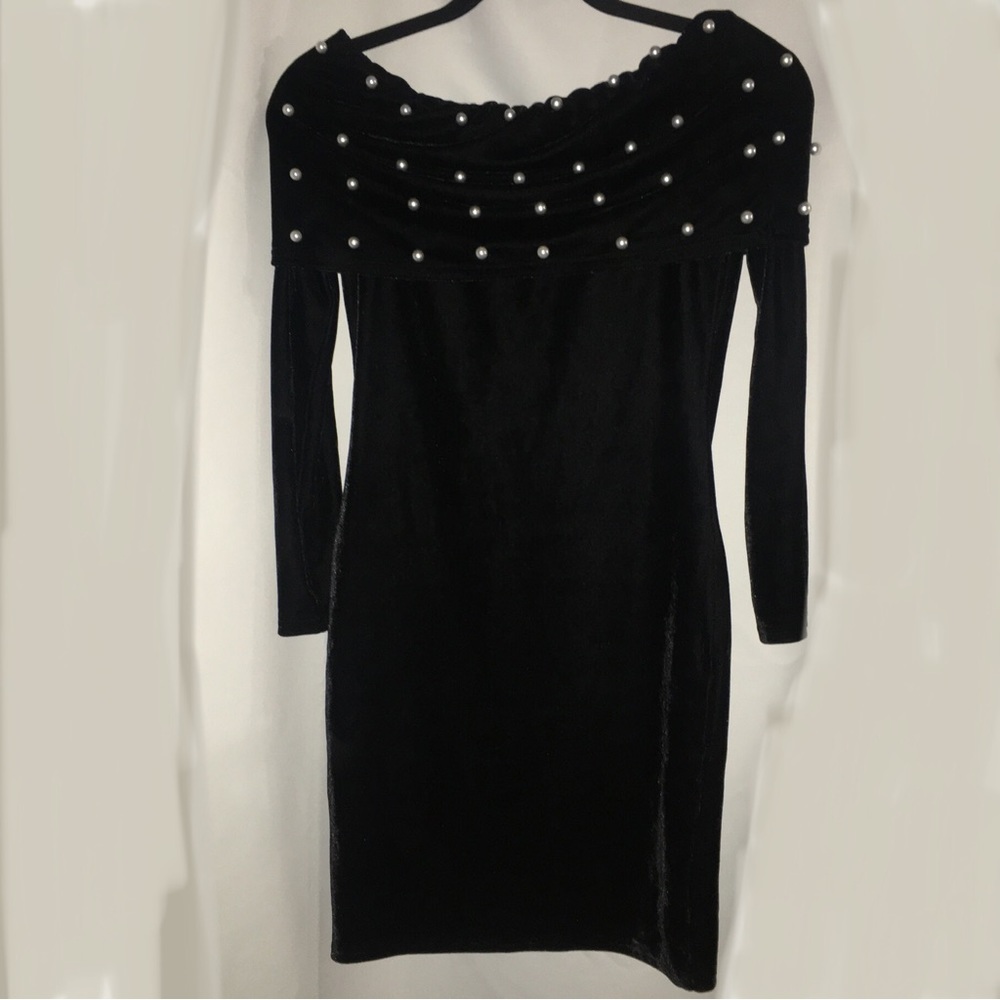 free gift * Fits xs-m black velvet pearl boat neck shoulder evening gown